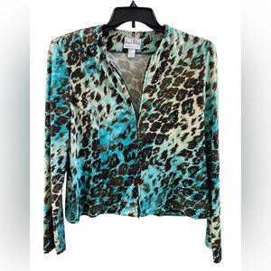 Joseph Ribkoff Leopard Animal Print Sequin Embellished Jacket Turquoise Sz 14